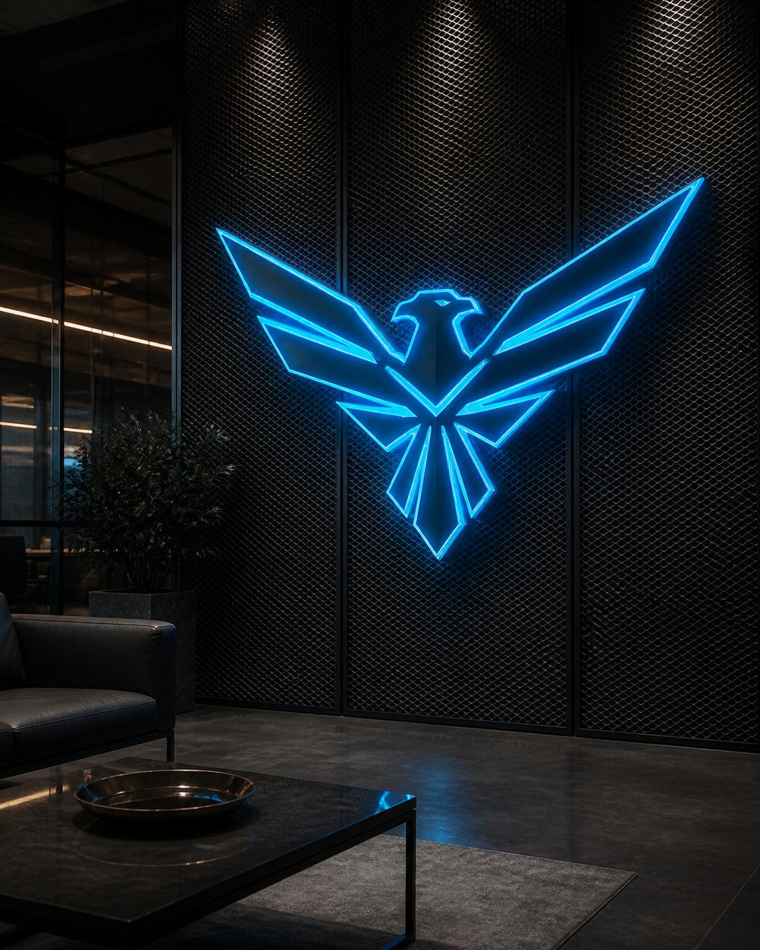 Custom electric-blue LED sign of a stylized hawk logo mounted on a dark industrial mesh wall